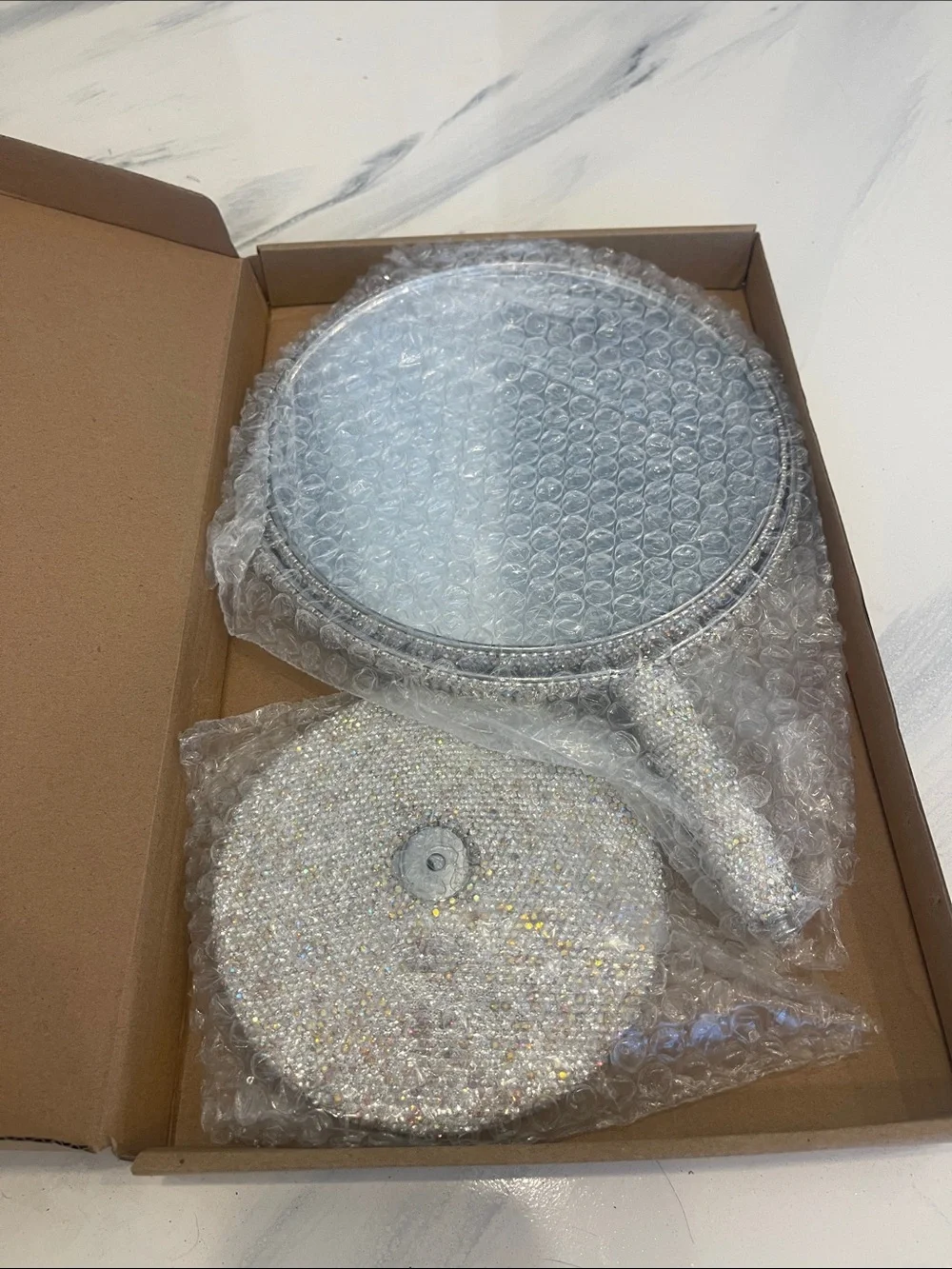NIB Crystal Rhinestone Handheld Mirror and Base - Silver/Iridescent